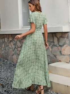 Floral Boho Short Sleeve Wrap Maxi Dress - V Neck Belted High-Low Flowy Sun Dress - Summer Beach Vacation 2026