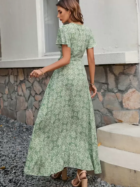 Floral Boho Short Sleeve Wrap Maxi Dress - V Neck Belted High-Low Flowy Sun Dress - Summer Beach Vacation 2026