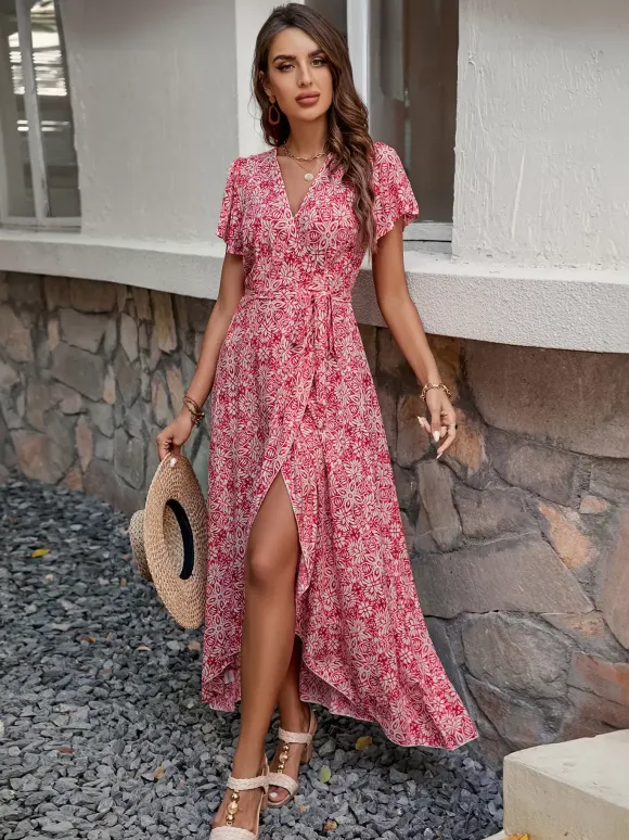 Floral Boho Short Sleeve Wrap Maxi Dress - V Neck Belted High-Low Flowy Sun Dress - Summer Beach Vacation 2026