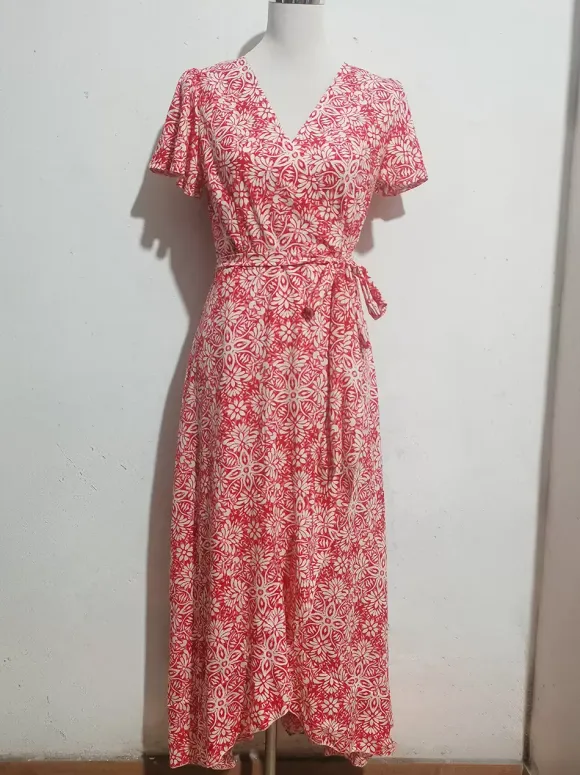 Floral Boho Short Sleeve Wrap Maxi Dress - V Neck Belted High-Low Flowy Sun Dress - Summer Beach Vacation 2026