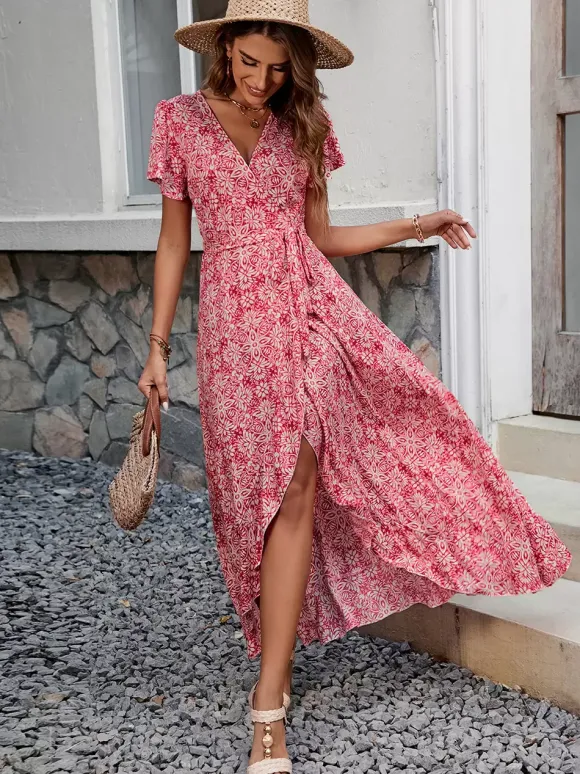Floral Boho Short Sleeve Wrap Maxi Dress - V Neck Belted High-Low Flowy Sun Dress - Summer Beach Vacation 2026