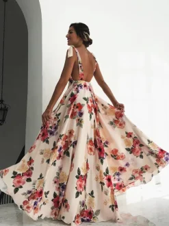 Floral Chiffon Backless Women Maxi Dress - Cream Boho Tie Shoulder A Line Sundress - Summer Beach Wedding Guest Party 2026