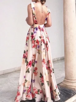 Floral Chiffon Backless Women Maxi Dress - Cream Boho Tie Shoulder A Line Sundress - Summer Beach Wedding Guest Party 2026
