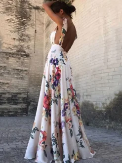 Floral Chiffon Backless Women Maxi Dress - Cream Boho Tie Shoulder A Line Sundress - Summer Beach Wedding Guest Party 2026