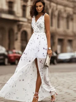 Floral Chiffon Maxi Dress for Women - Flowy V Neck High Slit Wrap Style Date Night Dress - Summer Garden Wedding Guest 2026