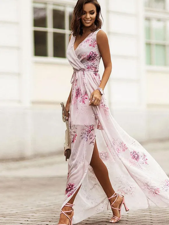 Floral Chiffon Maxi Dress for Women - Flowy V Neck High Slit Wrap Style Date Night Dress - Summer Garden Wedding Guest 2026