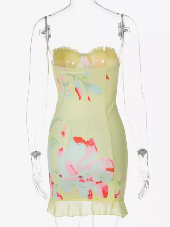 Floral Corset Mini Dress for Women - Yellow Sexy Strapless Backless Bodycon Ruffle Trim Party Gown - Summer Beach 2026