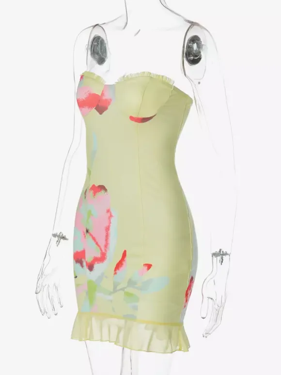 Floral Corset Mini Dress for Women - Yellow Sexy Strapless Backless Bodycon Ruffle Trim Party Gown - Summer Beach 2026