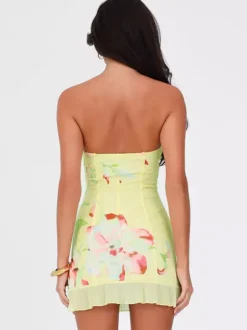 Floral Corset Mini Dress for Women - Yellow Sexy Strapless Backless Bodycon Ruffle Trim Party Gown - Summer Beach 2026