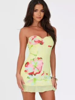 Floral Corset Mini Dress for Women - Yellow Sexy Strapless Backless Bodycon Ruffle Trim Party Gown - Summer Beach 2026