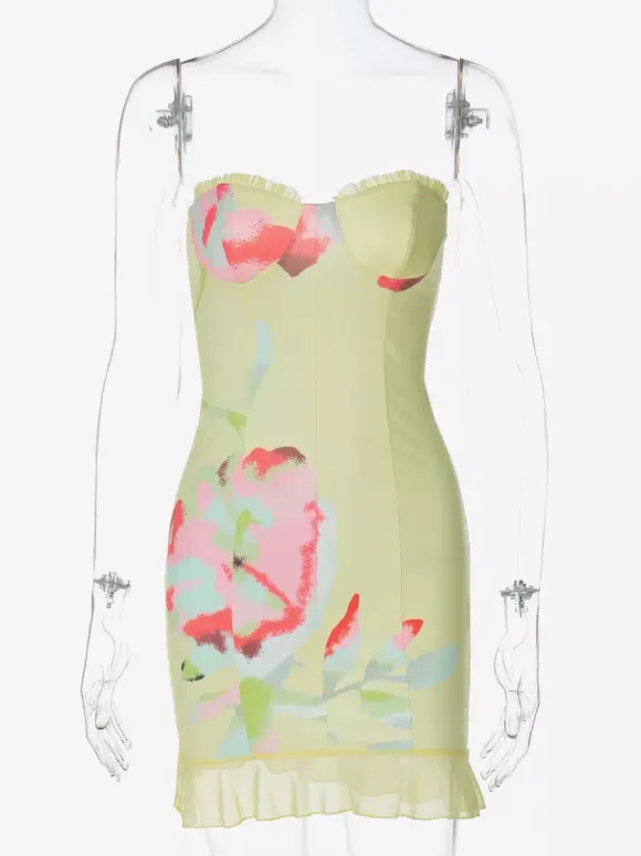 Floral Corset Mini Dress for Women - Yellow Sexy Strapless Backless Bodycon Ruffle Trim Party Gown - Summer Beach 2026