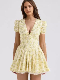 Floral Dress Mini Dresses In Butter Yellow With Short Sleeves And V-Neck For Summer 2026