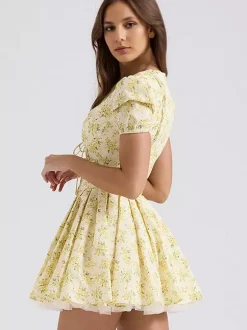 Floral Dress Mini Dresses In Butter Yellow With Short Sleeves And V-Neck For Summer 2026
