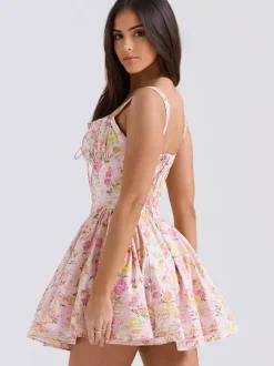 Floral Dress Mini Dresses Lace Up Straps Neck Sleeveless Cottagecore Short Dress