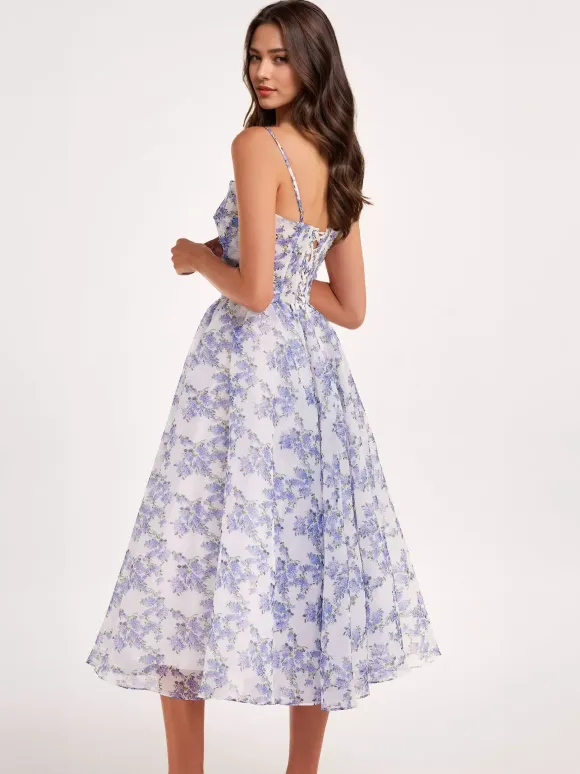 Floral Dress Spaghetti Strap Backless Lace Up Birthday Party Midi Dresses