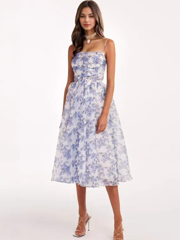 Floral Dress Spaghetti Strap Backless Lace Up Birthday Party Midi Dresses