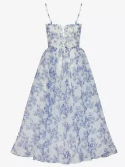 Floral Dress Spaghetti Strap Backless Lace Up Birthday Party Midi Dresses