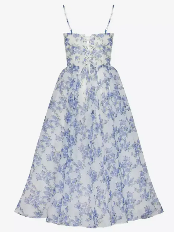 Floral Dress Spaghetti Strap Backless Lace Up Birthday Party Midi Dresses