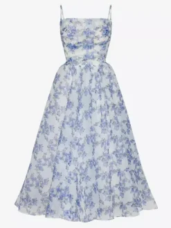 Floral Dress Spaghetti Strap Backless Lace Up Birthday Party Midi Dresses