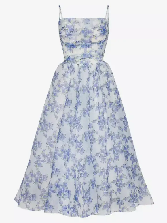 Floral Dress Spaghetti Strap Backless Lace Up Birthday Party Midi Dresses