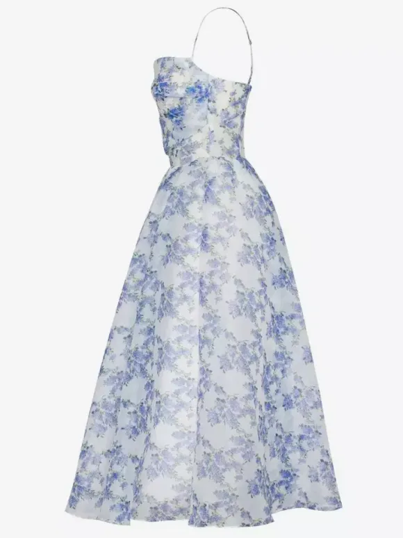 Floral Dress Spaghetti Strap Backless Lace Up Birthday Party Midi Dresses