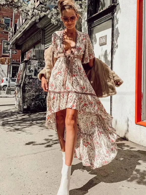 Floral High Low Boho Dress for Women - Cream Pink Cut Out Tie Front Flutter Sleeve Long Dress - Summer Beach Holiday 2026