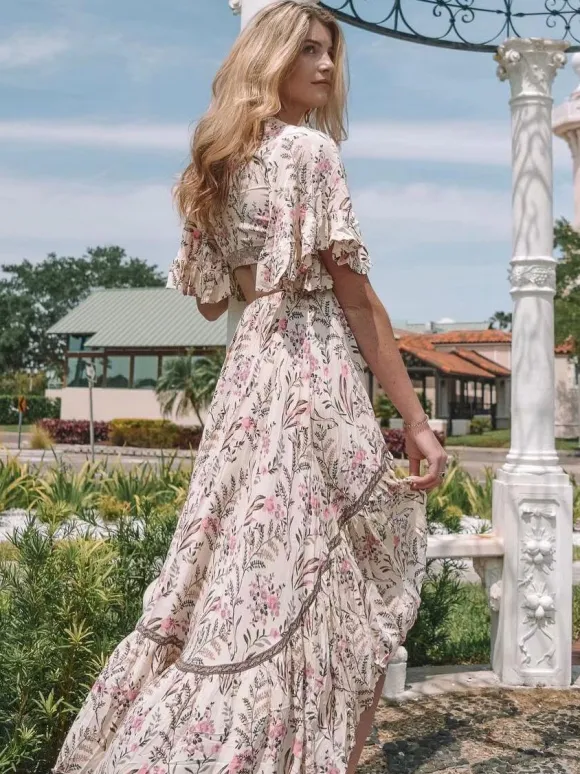 Floral High Low Boho Dress for Women - Cream Pink Cut Out Tie Front Flutter Sleeve Long Dress - Summer Beach Holiday 2026
