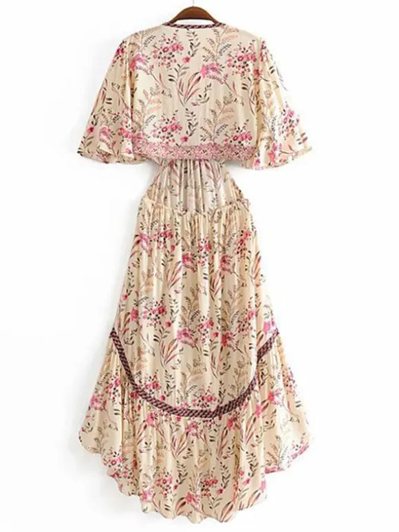 Floral High Low Boho Dress for Women - Cream Pink Cut Out Tie Front Flutter Sleeve Long Dress - Summer Beach Holiday 2026