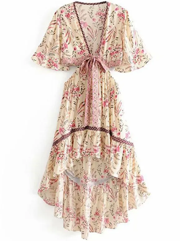 Floral High Low Boho Dress for Women - Cream Pink Cut Out Tie Front Flutter Sleeve Long Dress - Summer Beach Holiday 2026