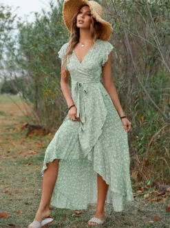 Floral High Low Wrap Dress for Women - Flutter Sleeve V Neck Ruffle Hem Long Dress - Summer Garden Wedding Guest 2026