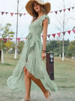 Floral High Low Wrap Dress for Women - Flutter Sleeve V Neck Ruffle Hem Long Dress - Summer Garden Wedding Guest 2026