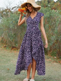 Floral High Low Wrap Dress for Women - Flutter Sleeve V Neck Ruffle Hem Long Dress - Summer Garden Wedding Guest 2026