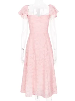 Floral Jacquard Soft Pink Dress With Butterfly Sleeve A-line Midi Party Dress For Women 2026