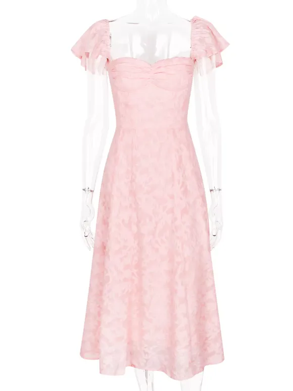 Floral Jacquard Soft Pink Dress With Butterfly Sleeve A-line Midi Party Dress For Women 2026