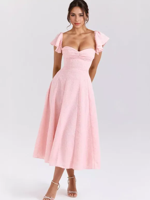 Floral Jacquard Soft Pink Dress With Butterfly Sleeve A-line Midi Party Dress For Women 2026