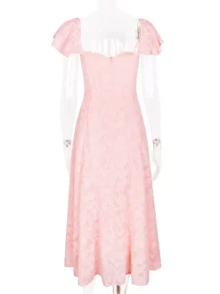 Floral Jacquard Soft Pink Dress With Butterfly Sleeve A-line Midi Party Dress For Women 2026