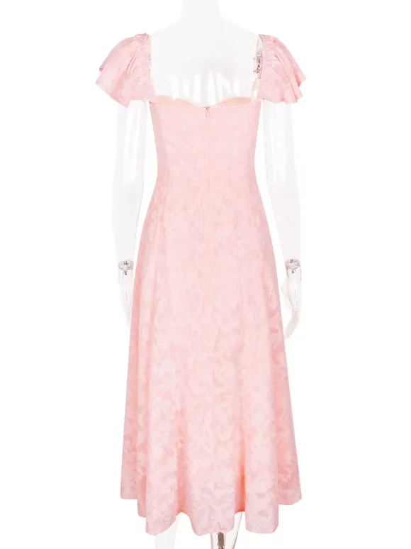 Floral Jacquard Soft Pink Dress With Butterfly Sleeve A-line Midi Party Dress For Women 2026