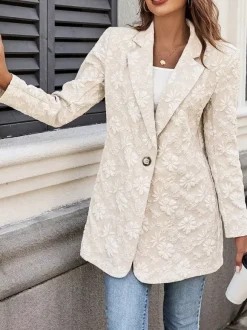 Floral Jacquard Women's Blazer - Elegant 3D Embossed Flower Single Button Regular Fit Jacket - Vintage Chic Spring Wedding Outerwear 2026