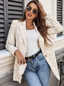 Floral Jacquard Women's Blazer - Elegant 3D Embossed Flower Single Button Regular Fit Jacket - Vintage Chic Spring Wedding Outerwear 2026