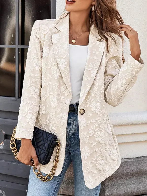 Floral Jacquard Women's Blazer - Elegant 3D Embossed Flower Single Button Regular Fit Jacket - Vintage Chic Spring Wedding Outerwear 2026