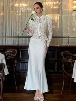 Floral Lace Blouse Women's Elegant Button Up Top - White Stand Collar Slim Fit - Spring Night Party Wear 2026