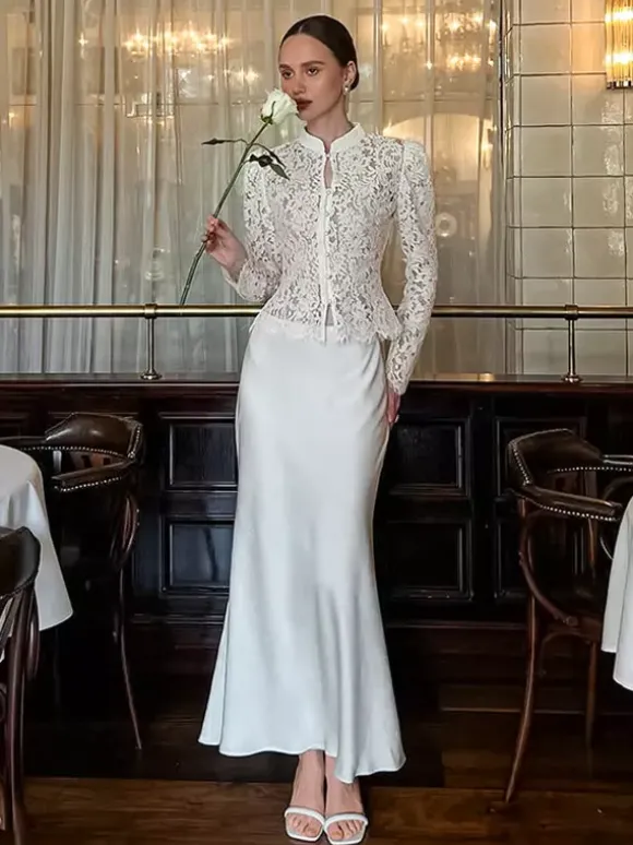 Floral Lace Blouse Women's Elegant Button Up Top - White Stand Collar Slim Fit - Spring Night Party Wear 2026