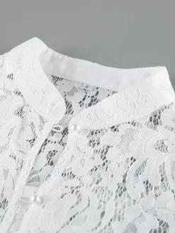 Floral Lace Blouse Women's Elegant Button Up Top - White Stand Collar Slim Fit - Spring Night Party Wear 2026