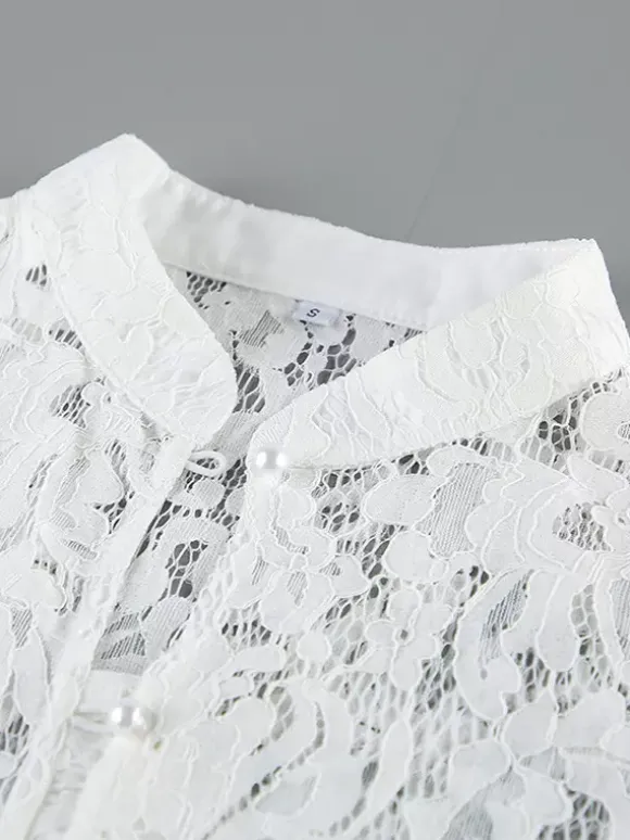 Floral Lace Blouse Women's Elegant Button Up Top - White Stand Collar Slim Fit - Spring Night Party Wear 2026