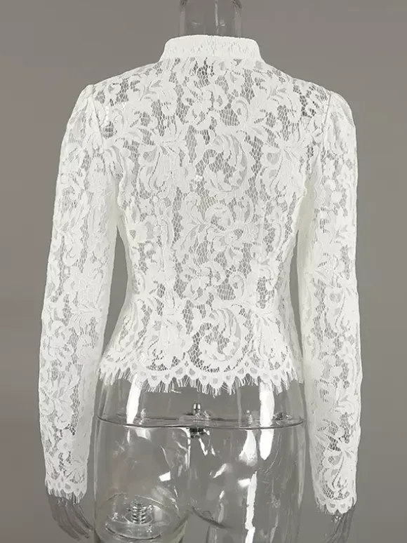 Floral Lace Blouse Women's Elegant Button Up Top - White Stand Collar Slim Fit - Spring Night Party Wear 2026