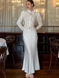 Floral Lace Blouse Women's Elegant Button Up Top - White Stand Collar Slim Fit - Spring Night Party Wear 2026