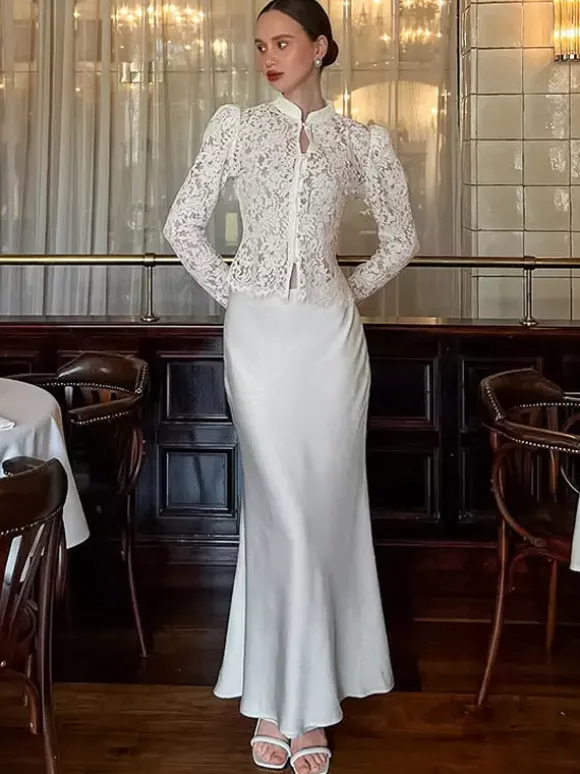 Floral Lace Blouse Women's Elegant Button Up Top - White Stand Collar Slim Fit - Spring Night Party Wear 2026