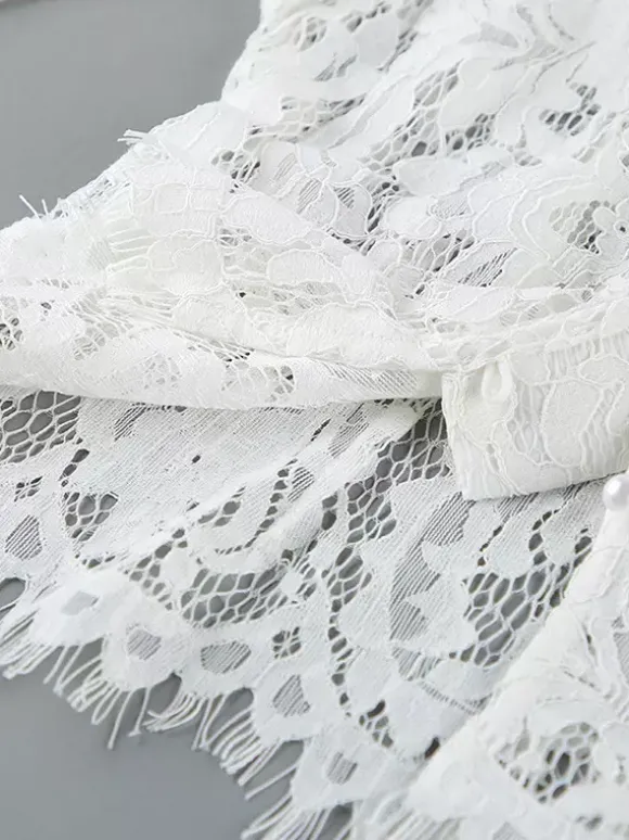 Floral Lace Blouse Women's Elegant Button Up Top - White Stand Collar Slim Fit - Spring Night Party Wear 2026