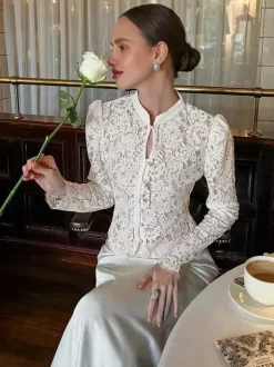 Floral Lace Blouse Women's Elegant Button Up Top - White Stand Collar Slim Fit - Spring Night Party Wear 2026