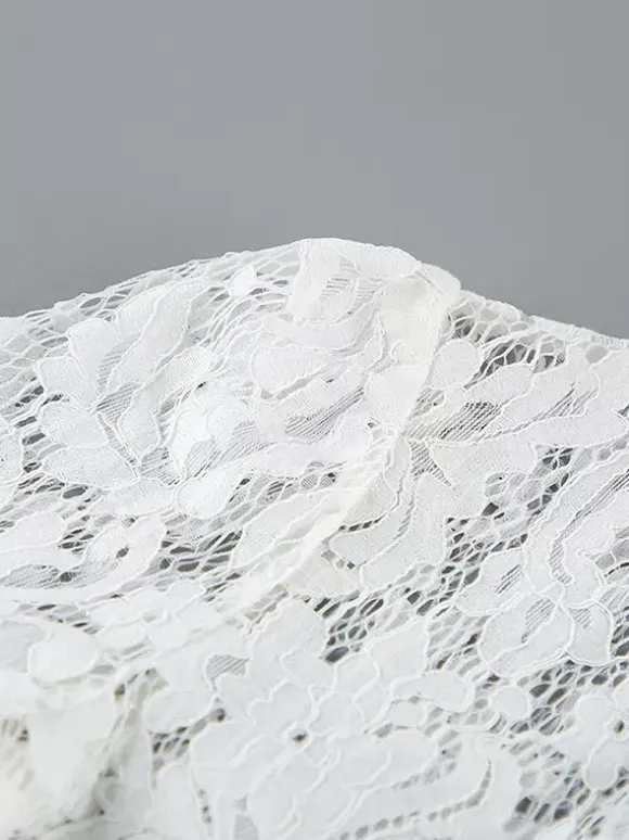 Floral Lace Blouse Women's Elegant Button Up Top - White Stand Collar Slim Fit - Spring Night Party Wear 2026